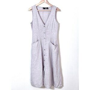 Tahari 100% Linen Button Front Dress Sleeveless V-Neck Lagenlook Coastal Relaxed